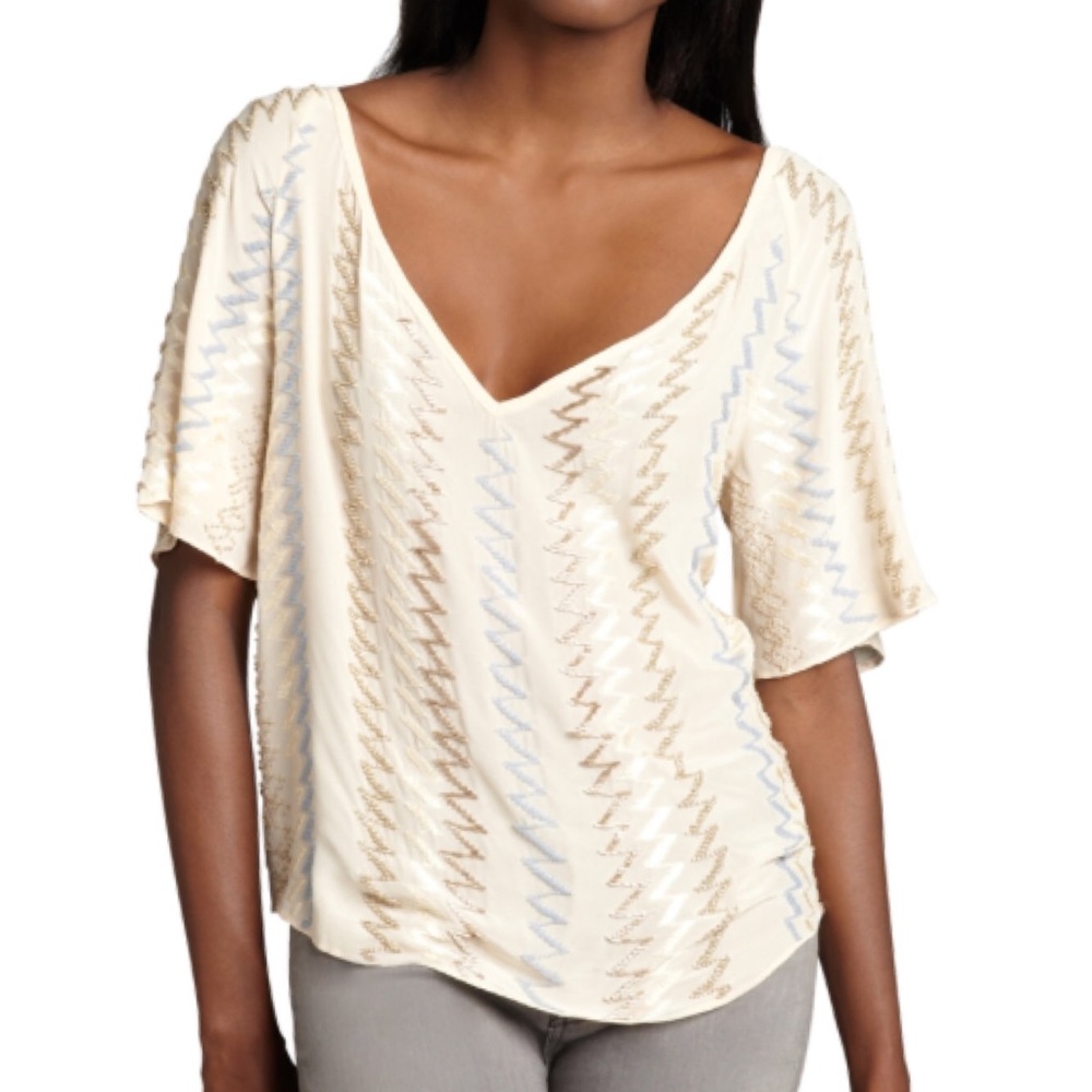 Chelsea Flower Silk Beaded Chevron V-Neck Blouse L